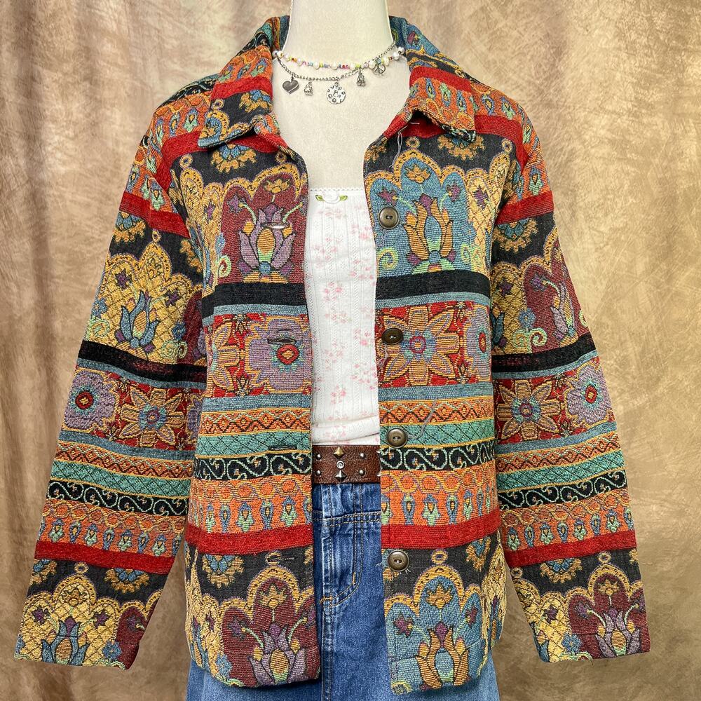 Vintage Tapestry Jacket 90s Floral Stained Glass Renaissance Medieval Folk